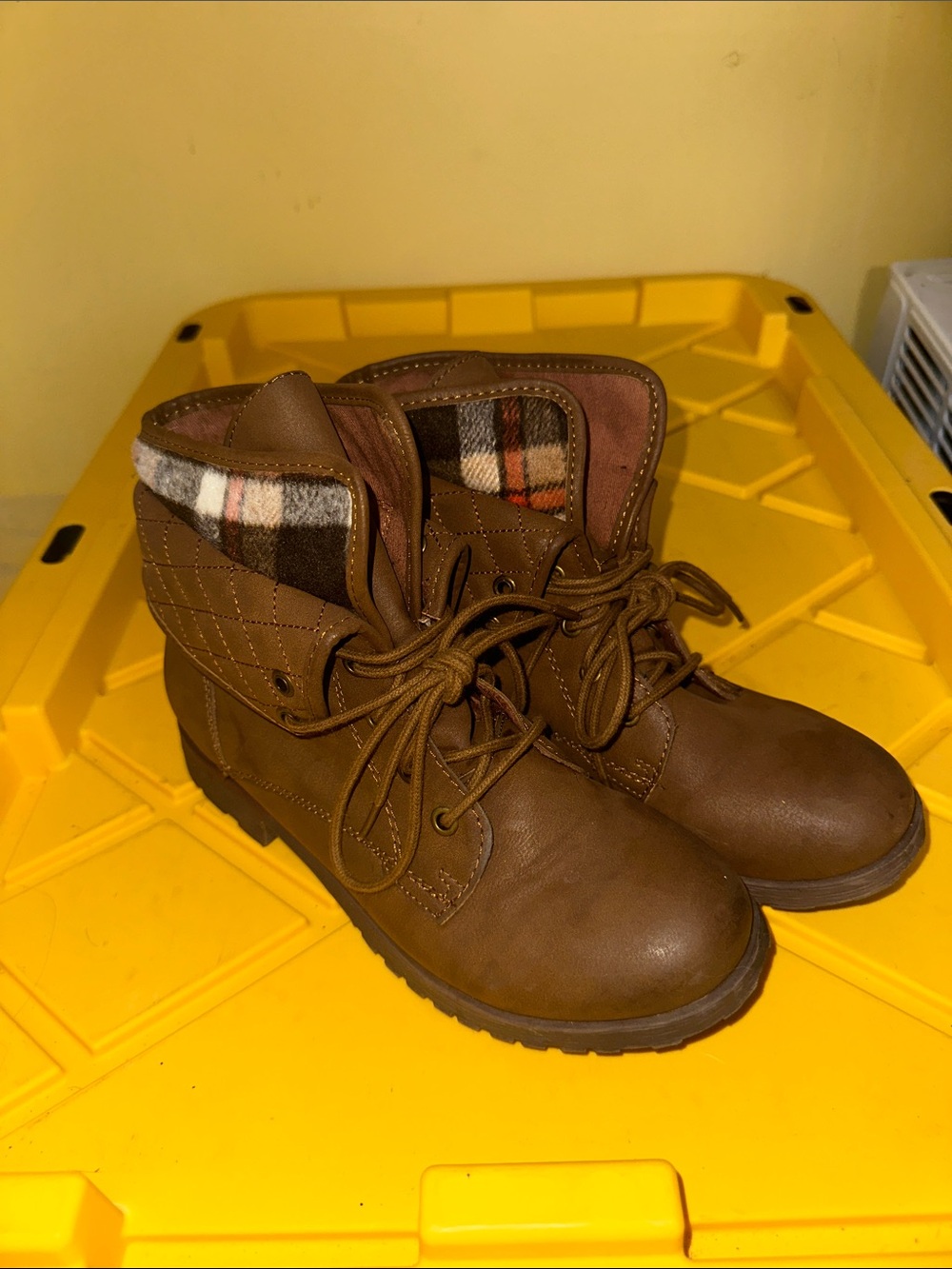 Rock & Candy Brown Lace-Up Ankle Booties with Plaid Trim